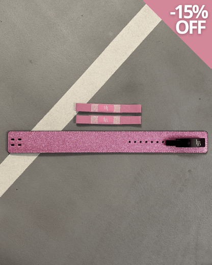 Glitzer Gewichthebergurt und Zughilfen in pink